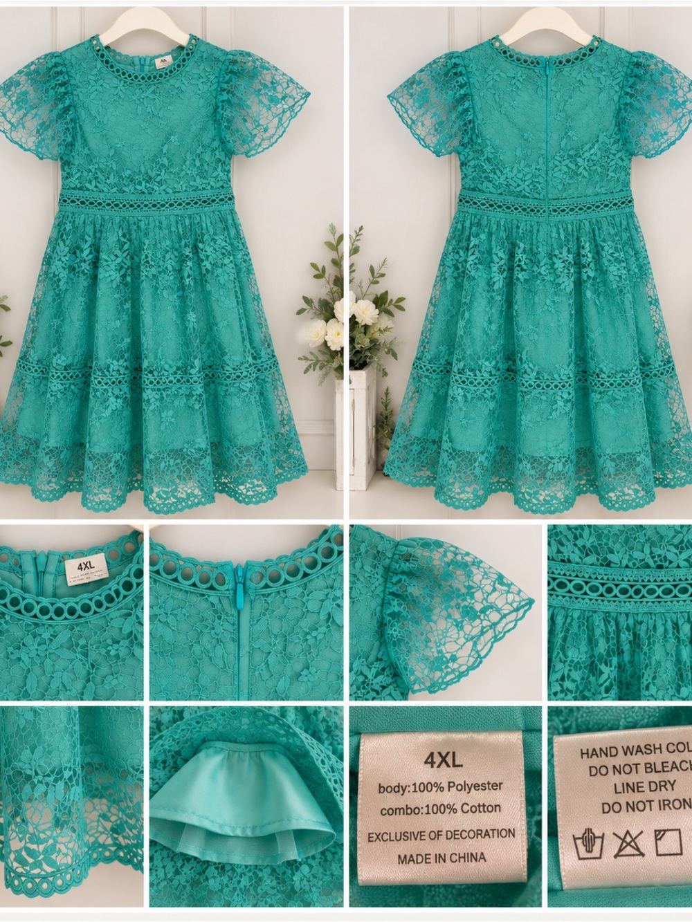 Girls 4XL Turquoise Lace Flutter Sleeve Special Occasion Dress
